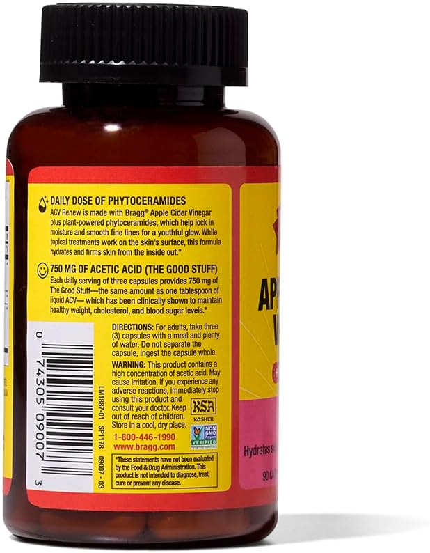 Bragg Renew Apple Cider Vinegar Capsules with Phytoceramides - 90 Capsules for Healthy Skin and Hydration
