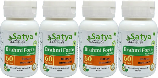 Brahmi Forte Capsules 500mg - Ayurvedic Herbal Supplement for Men and Women - 4 Bottles of 60 Veg Capsules - Satya Naturals