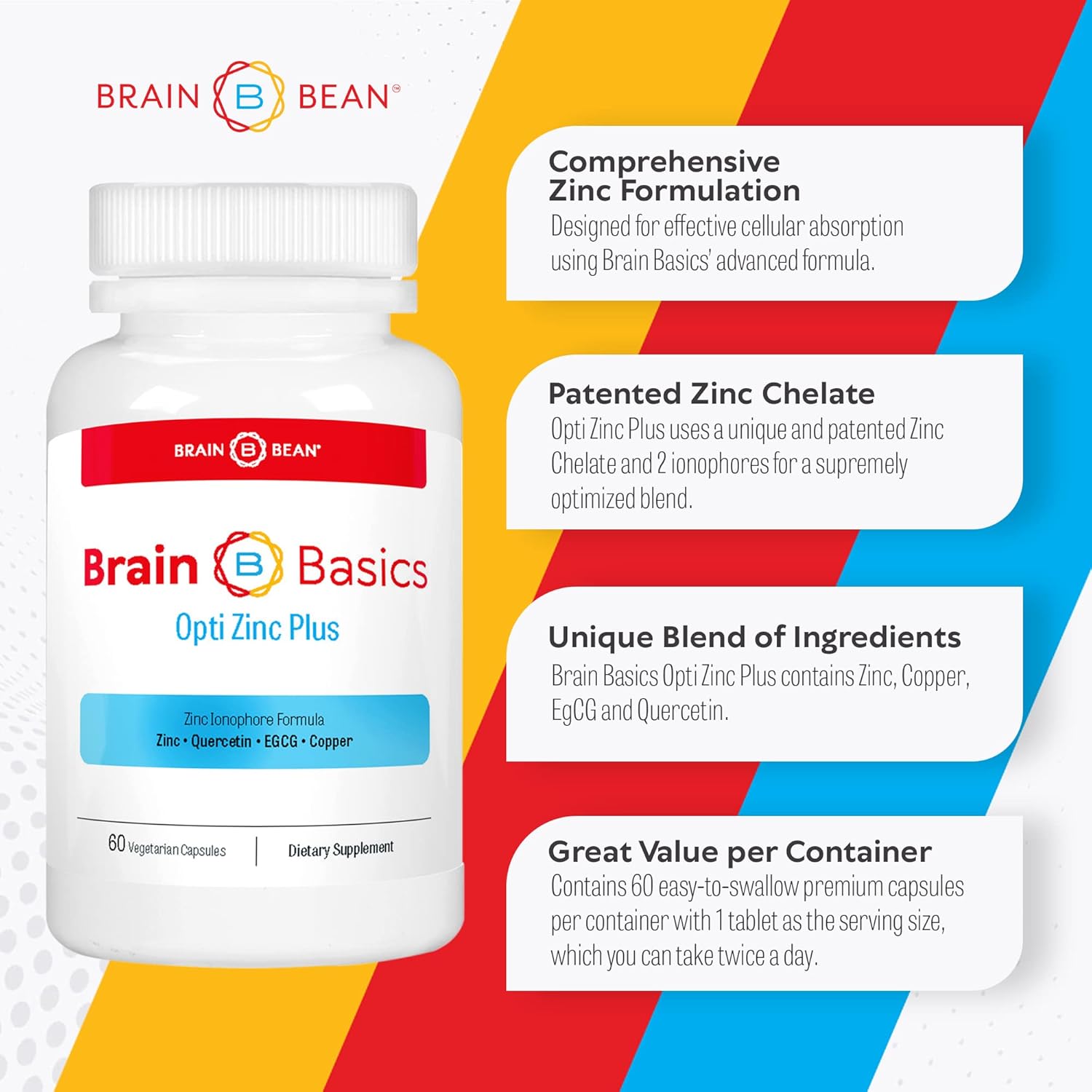 Brain Bean Opti Zinc Plus - Immune Support Formula with Quercetin, EGCG, and Copper - 60 Tablets