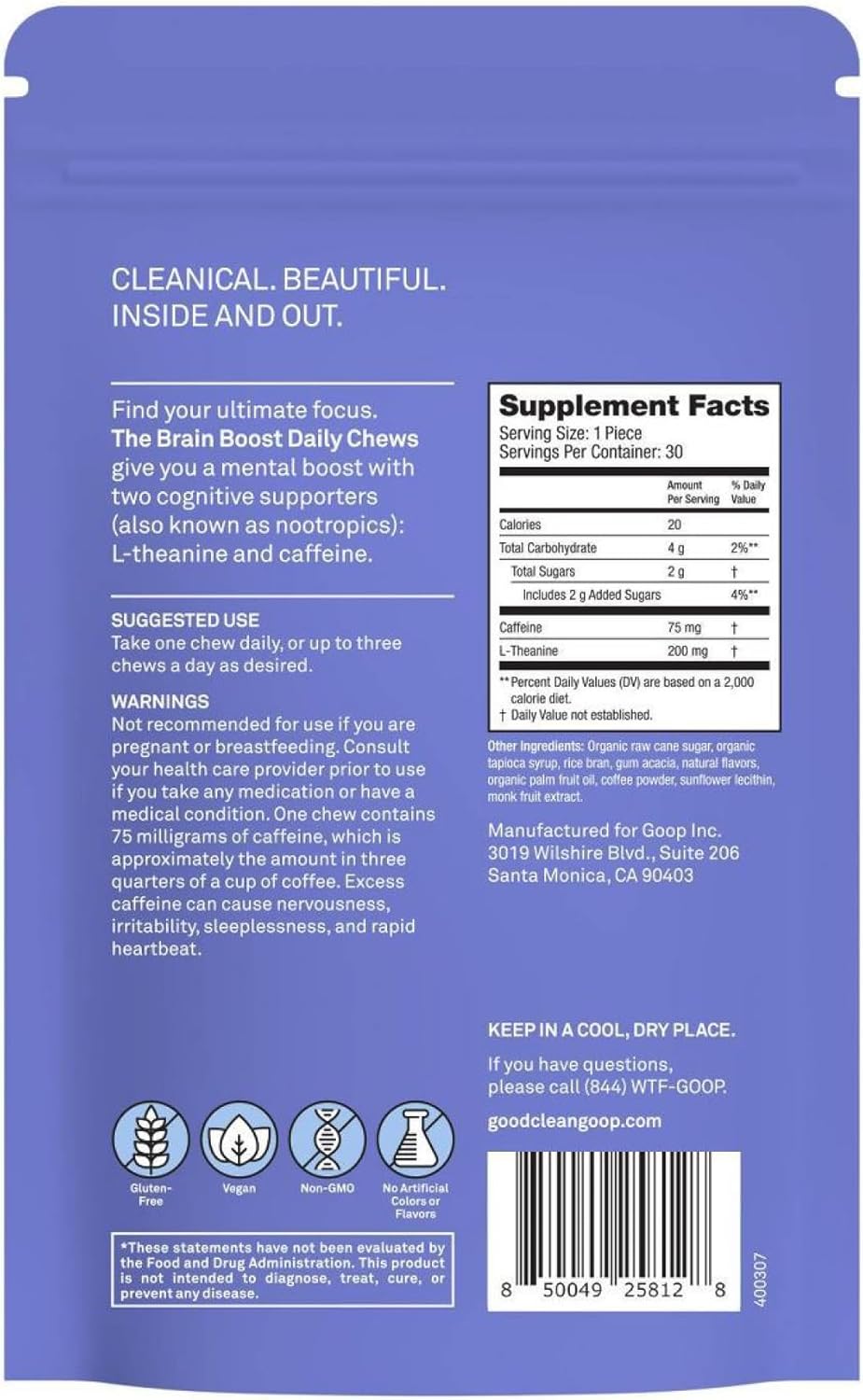 Brain Boost Daily Chews for Energy & Focus | L-Theanine & Caffeine | Caffe Latte Flavor | Nootropic Brain Booster | 30 Vegan Chews