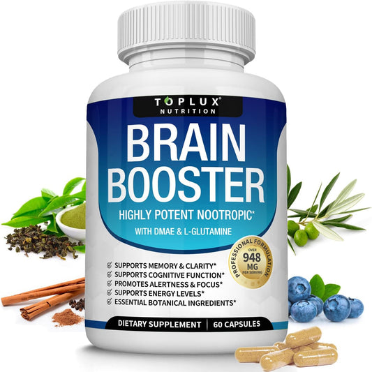 Brain Boosting Nootropic Supplement with DMAE, Bacopa Monnieri, L-Gutamine - 60 Capsules for Men and Women - Cognitive Support and Nutrition