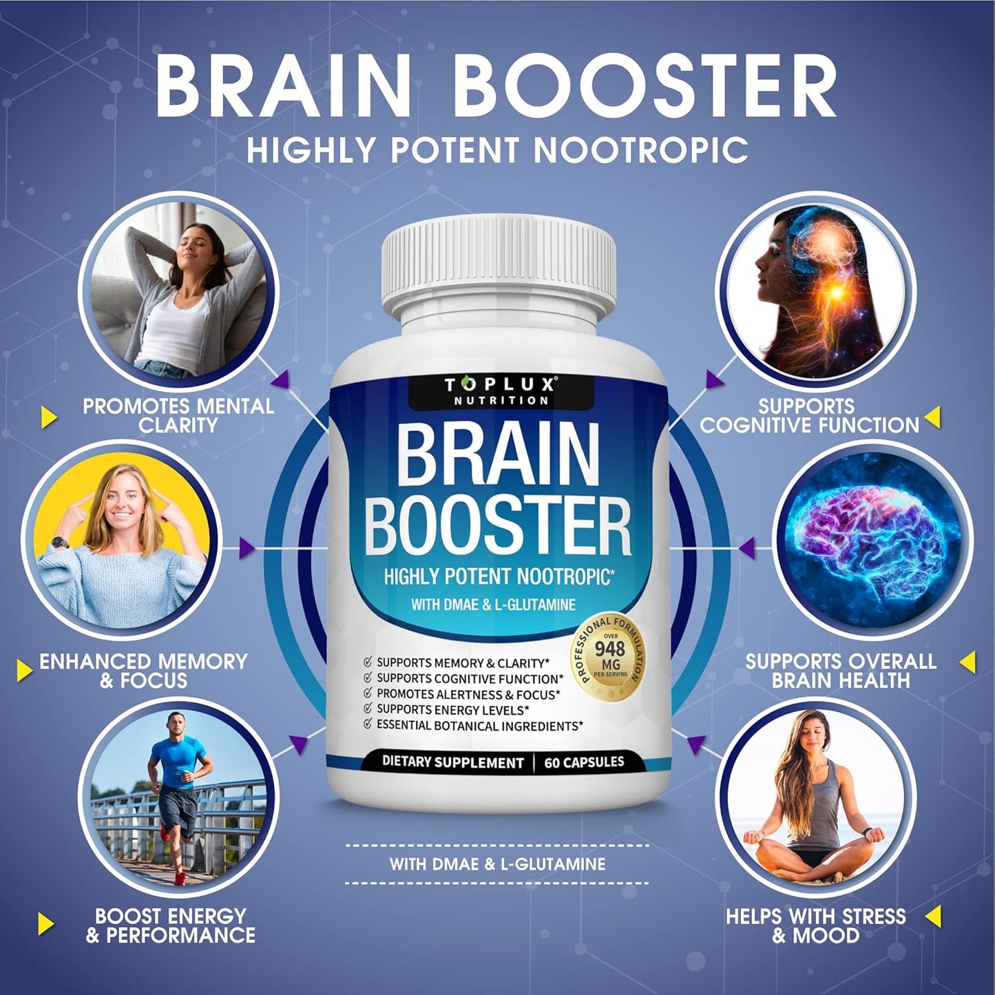 Brain Boosting Nootropic Supplement with DMAE, Bacopa Monnieri, L-Gutamine - 60 Capsules for Men and Women - Cognitive Support and Nutrition