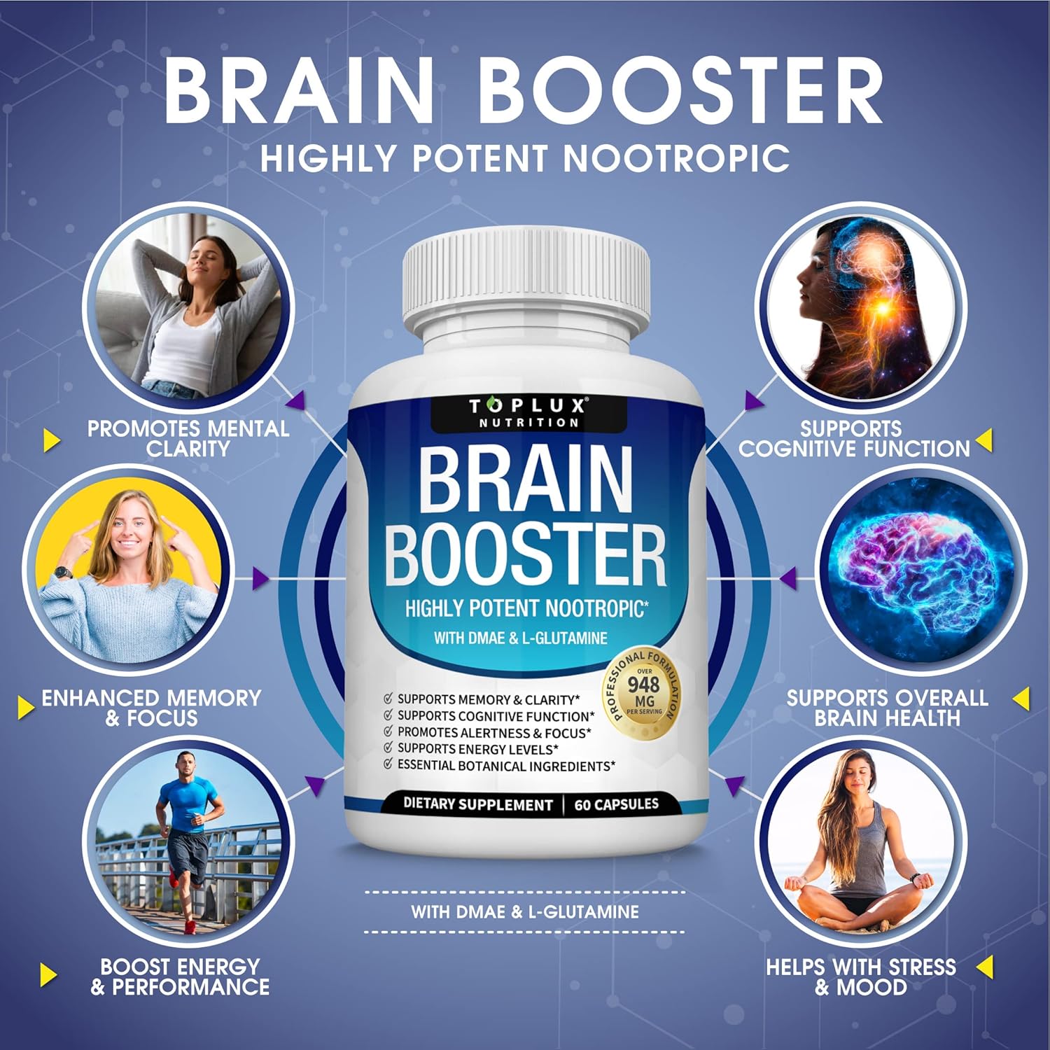 Brain Boosting Nootropic Supplement with DMAE, Bacopa Monnieri, L-Gutamine - 60 Capsules for Men and Women - Cognitive Support and Nutrition