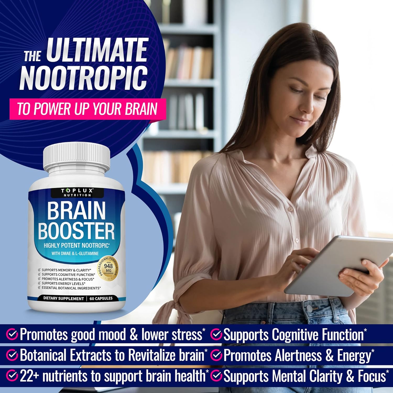 Brain Boosting Nootropic Supplement with DMAE, Bacopa Monnieri, L-Gutamine - 60 Capsules for Men and Women - Cognitive Support and Nutrition