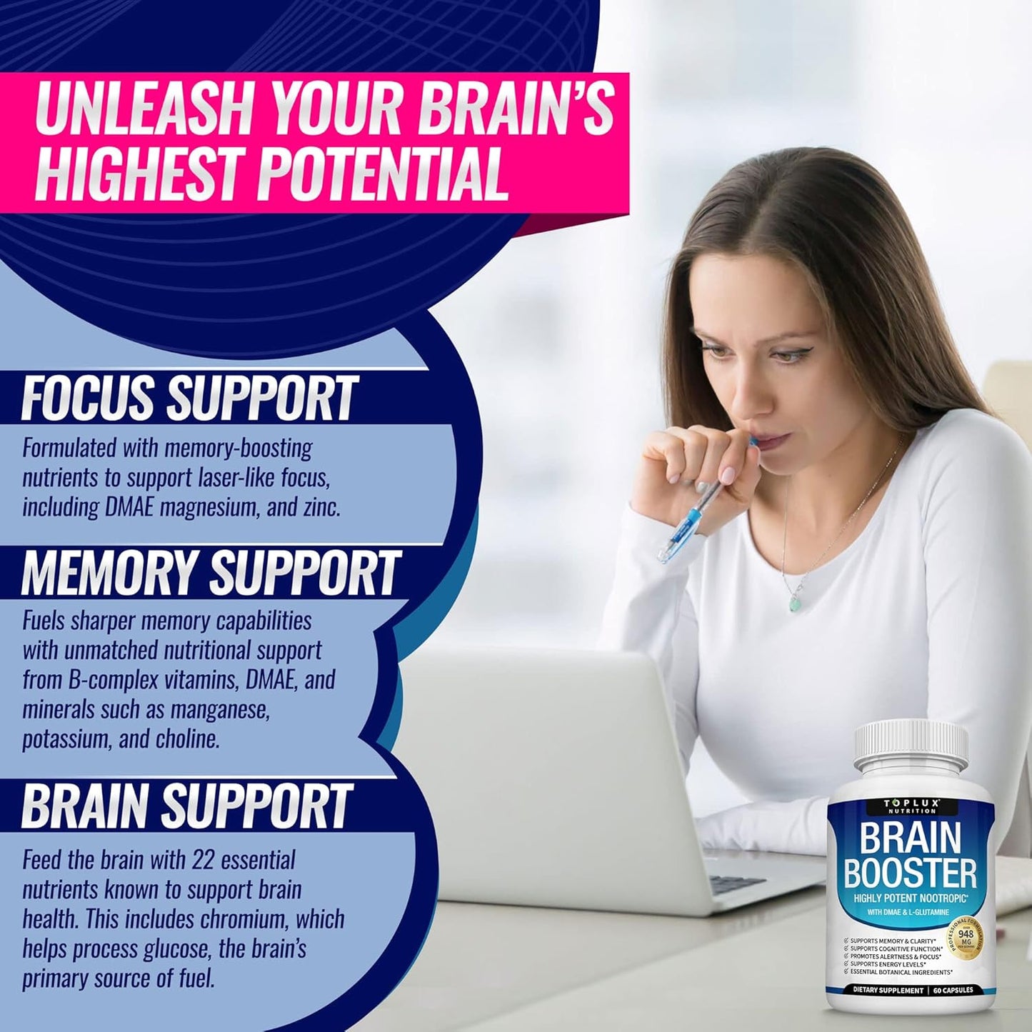 Brain Boosting Nootropic Supplement with DMAE, Bacopa Monnieri, L-Gutamine - 60 Capsules for Men and Women - Cognitive Support and Nutrition