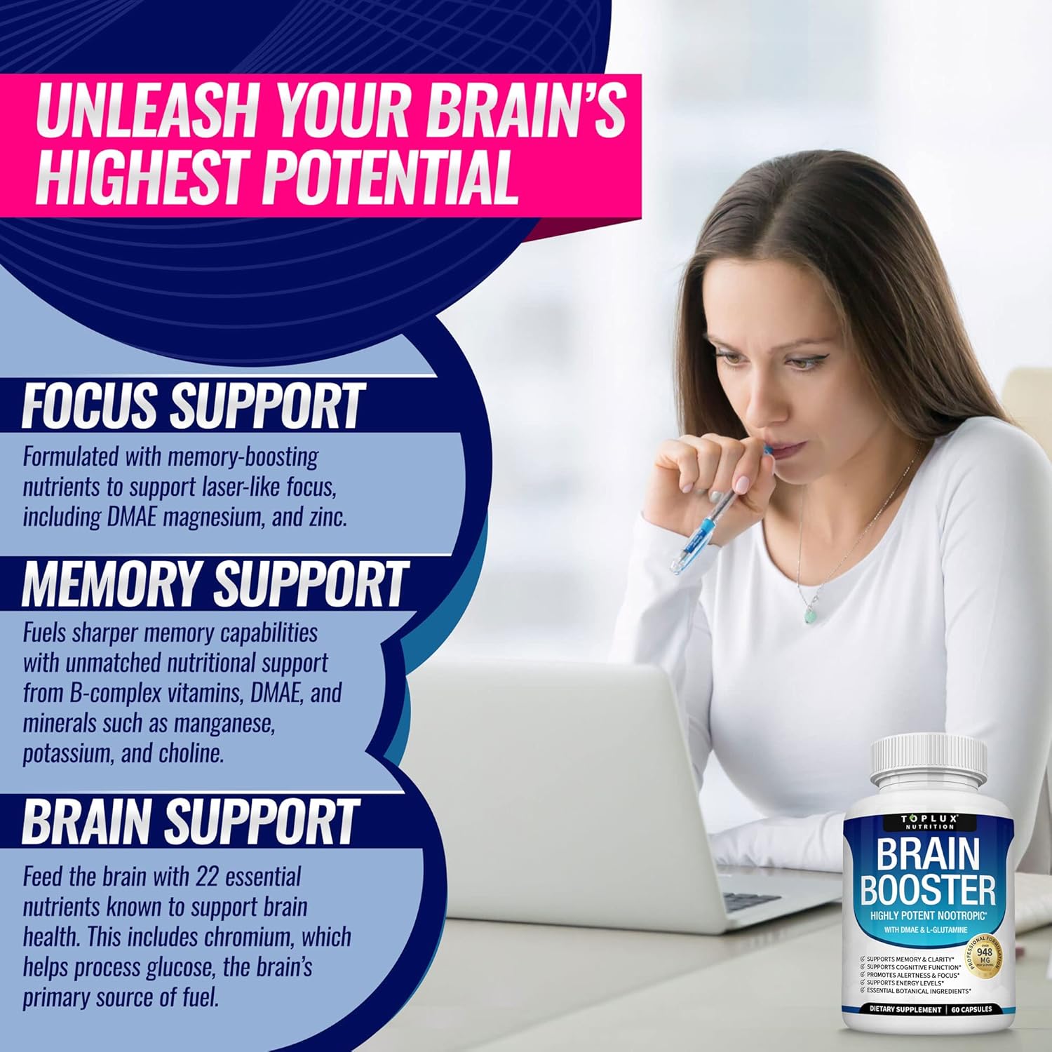 Brain Boosting Nootropic Supplement with DMAE, Bacopa Monnieri, L-Gutamine - 60 Capsules for Men and Women - Cognitive Support and Nutrition