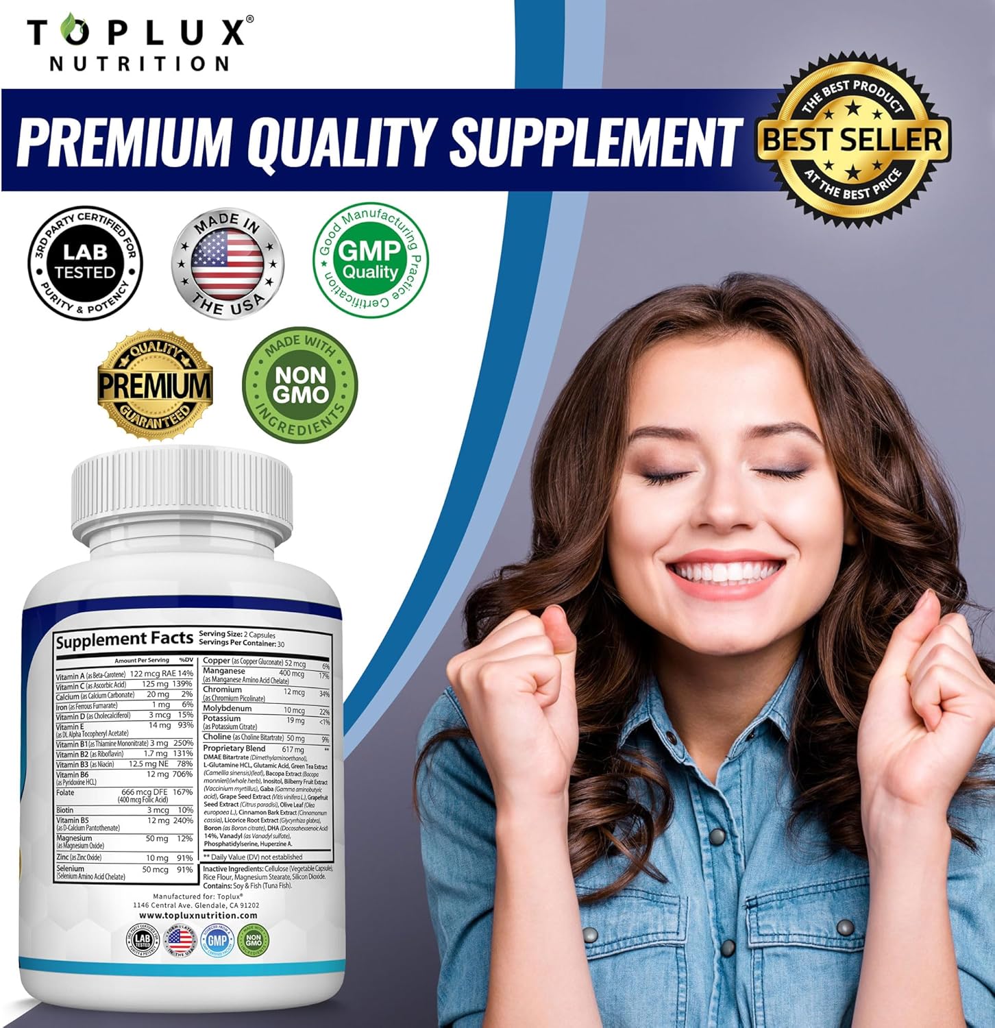 Brain Boosting Nootropic Supplement with DMAE, Bacopa Monnieri, L-Gutamine - 60 Capsules for Men and Women - Cognitive Support and Nutrition