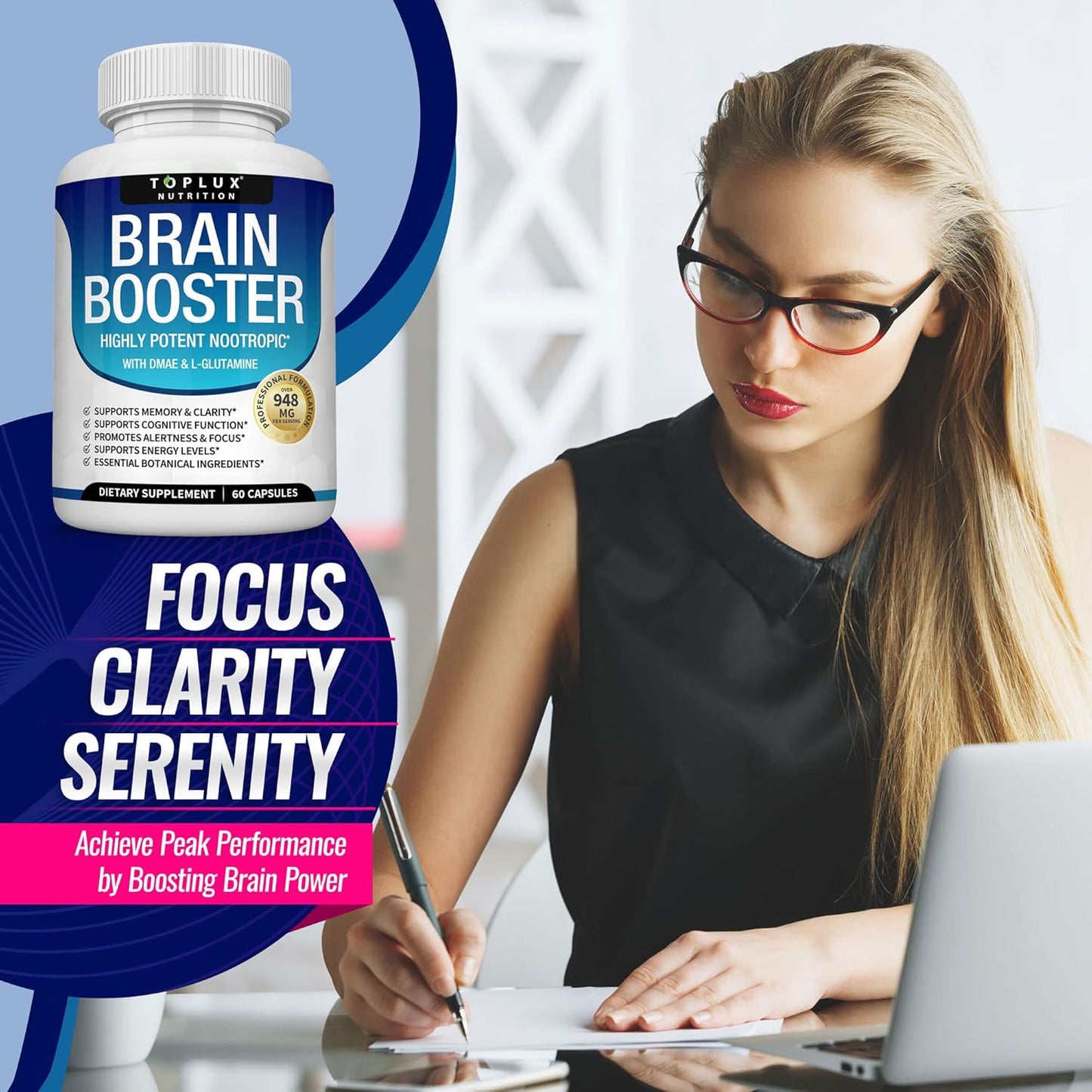 Brain Boosting Nootropic Supplement with DMAE, Bacopa Monnieri, L-Gutamine - 60 Capsules for Men and Women - Cognitive Support and Nutrition
