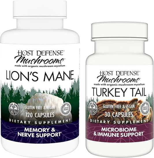 Brain Health & Immune Support Bundle: Lion's Mane Capsules (120ct) & Turkey Tail Capsules (30ct)