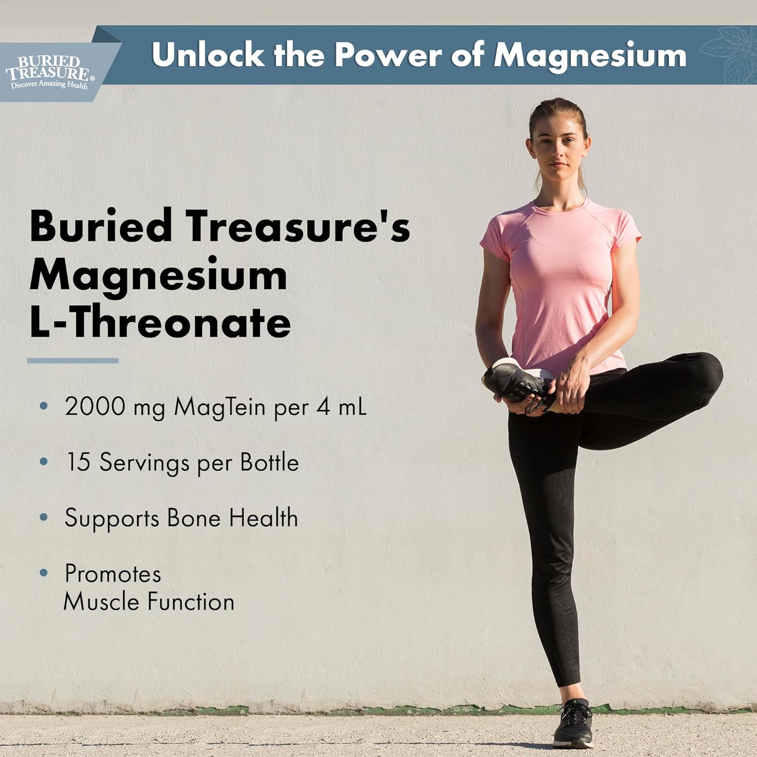 Brain Health Magnesium L-Threonate Supplement - 2 oz, 15 Doses, Boost Memory and Sleep Quality with Buried Treasure Mag