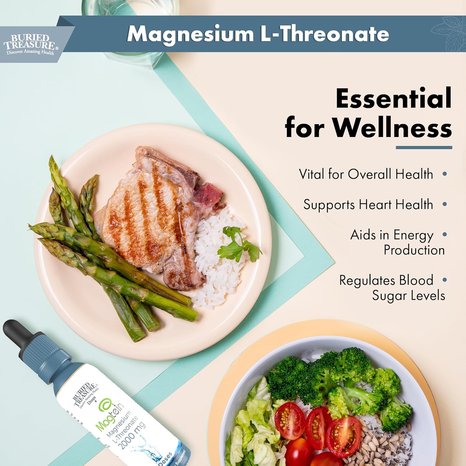 Brain Health Magnesium L-Threonate Supplement - 2 oz, 15 Doses, Boost Memory and Sleep Quality with Buried Treasure Mag