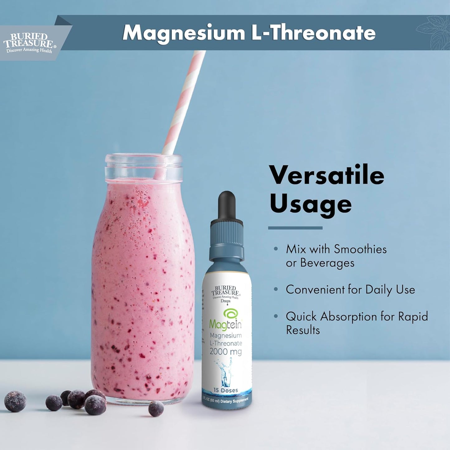 Brain Health Magnesium L-Threonate Supplement - 2 oz, 15 Doses, Boost Memory and Sleep Quality with Buried Treasure Mag