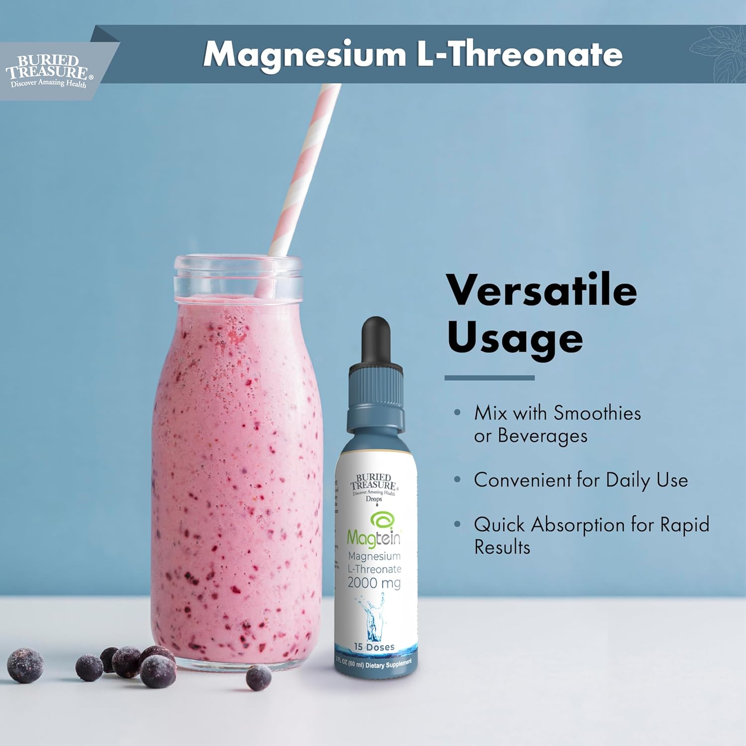 Brain Health Magnesium L-Threonate Supplement - 2 oz, 15 Doses, Boost Memory and Sleep Quality with Buried Treasure Mag