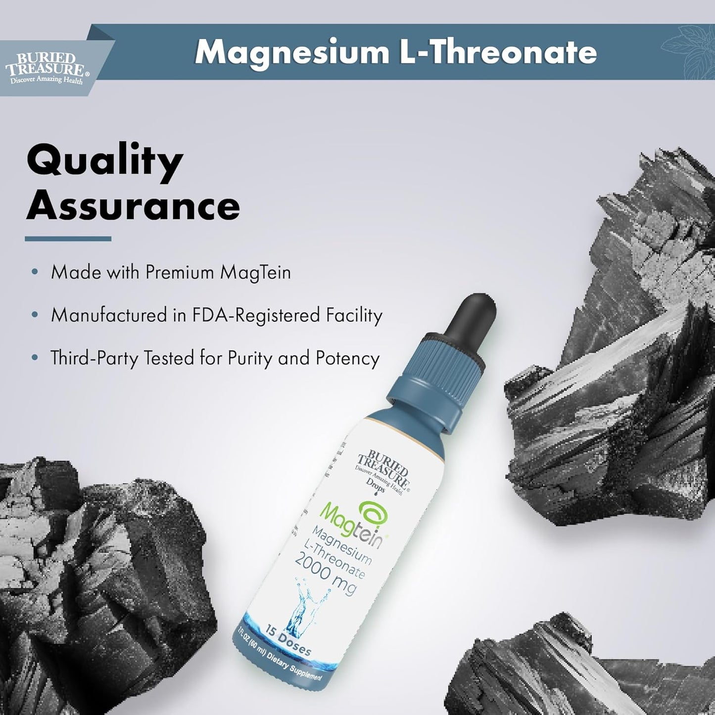 Brain Health Magnesium L-Threonate Supplement - 2 oz, 15 Doses, Boost Memory and Sleep Quality with Buried Treasure Mag