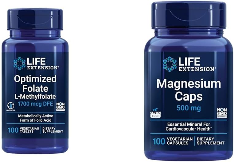 Brain & Heart Health Folate and Magnesium Supplement Bundle - 100 Tablets & 100 Capsules for Life Extension