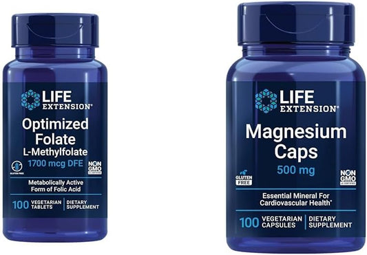 Brain & Heart Health Folate and Magnesium Supplement Bundle - 100 Tablets & 100 Capsules for Life Extension