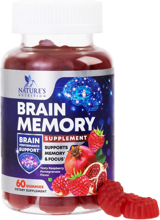 Brain Memory Supplement Gummy with B6, B12, Phosphatidylserine, Coffee Extract - Cognitive Vitamins for Men & Women - 60 Gummies for Concentration & Focus