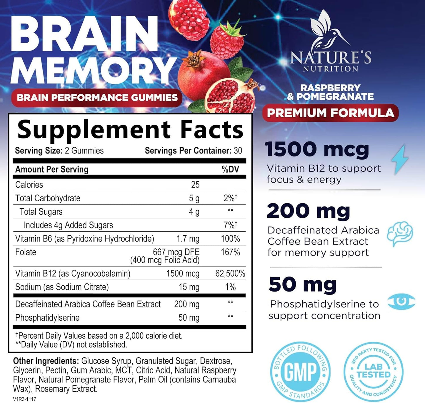 Brain Memory Supplement Gummy with B6, B12, Phosphatidylserine, Coffee Extract - Cognitive Vitamins for Men & Women - 60 Gummies for Concentration & Focus