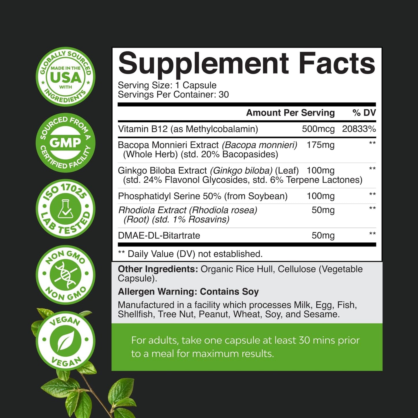 Brain Support Memory Supplement - Boost Energy and Focus with Nootropic Pills - Vitamin B12, Bacopa Monnieri, Rhodiola Rosea, DMAE, Ginkgo Biloba, Phosphatidylserine Supplement for Enhanced Memory
