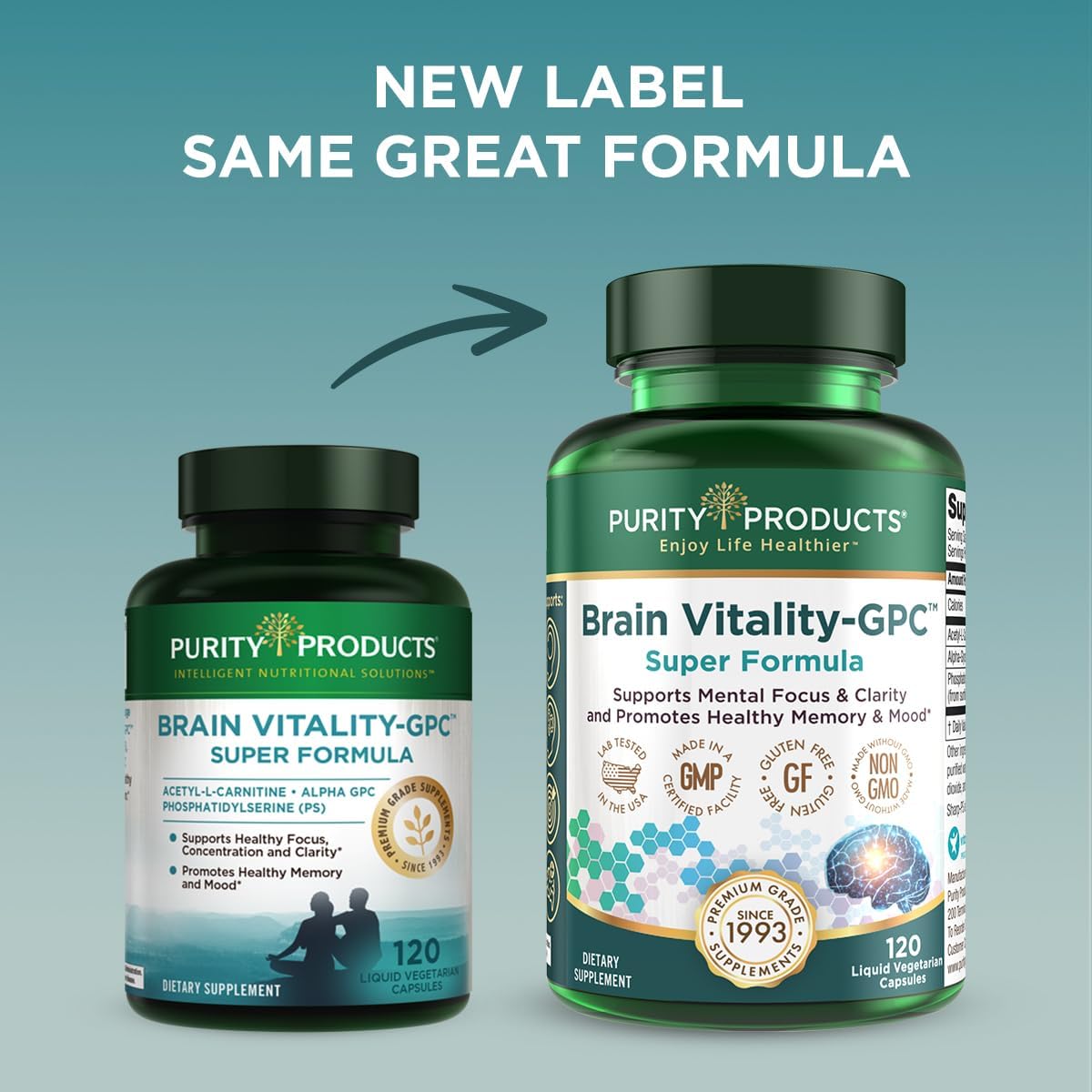 Brain Vitality-GPC Super Formula with Acetyl L-Carnitine HCI, Alpha GPC, and Phosphatidylserine - Enhances Concentration and Mental Clarity - 120 Capsules