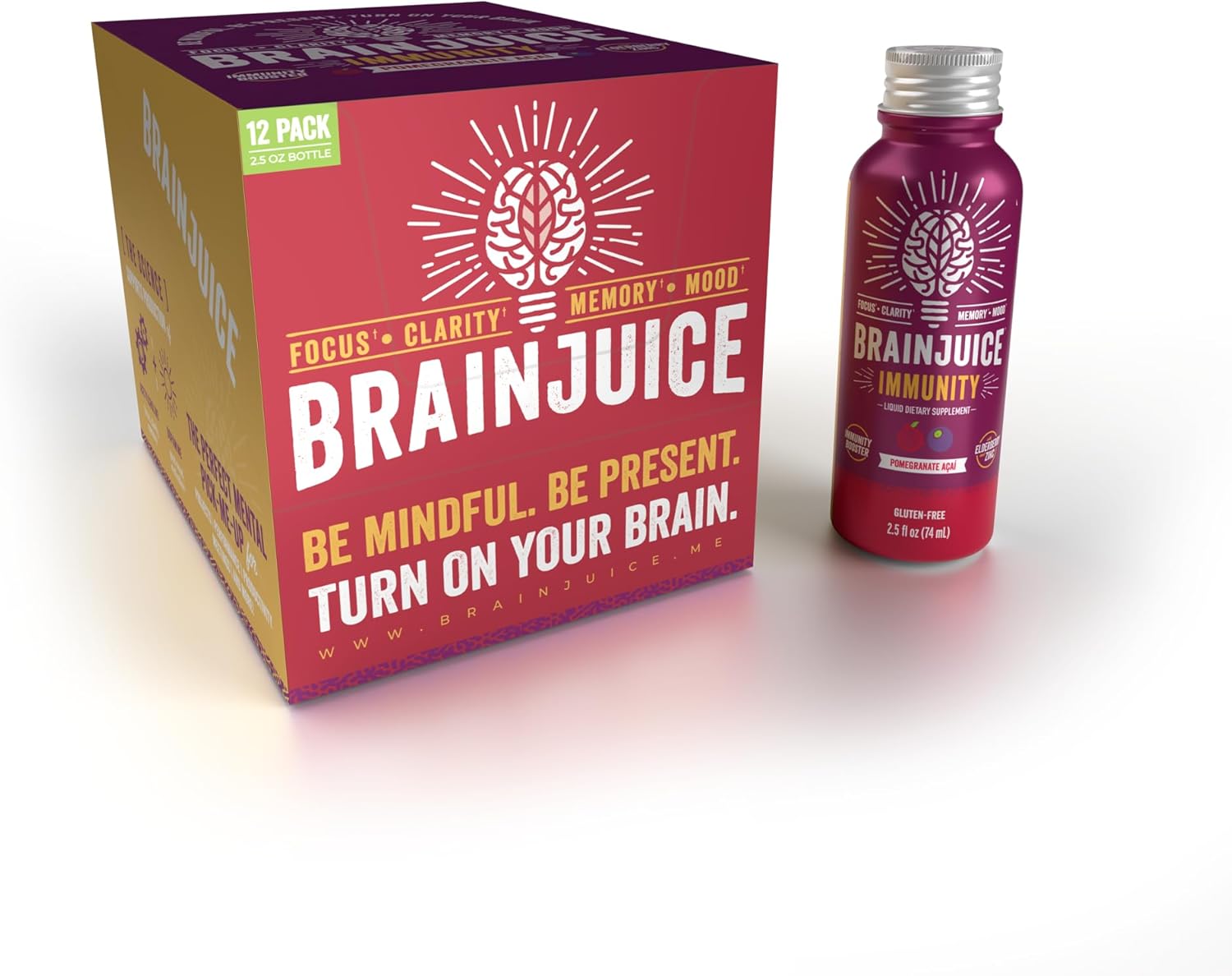 BrainJuice Brain and Immune Support Shot - Gluten-Free Energy and Focus Supplement with Vitamin D, C, Alpha GPC, Ginger Root, Pomegranate Acai - 12 Pack of 2.5 fl oz Shots