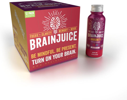 BrainJuice Brain and Immune Support Shot - Gluten-Free Energy and Focus Supplement with Vitamin D, C, Alpha GPC, Ginger Root, Pomegranate Acai - 12 Pack of 2.5 fl oz Shots