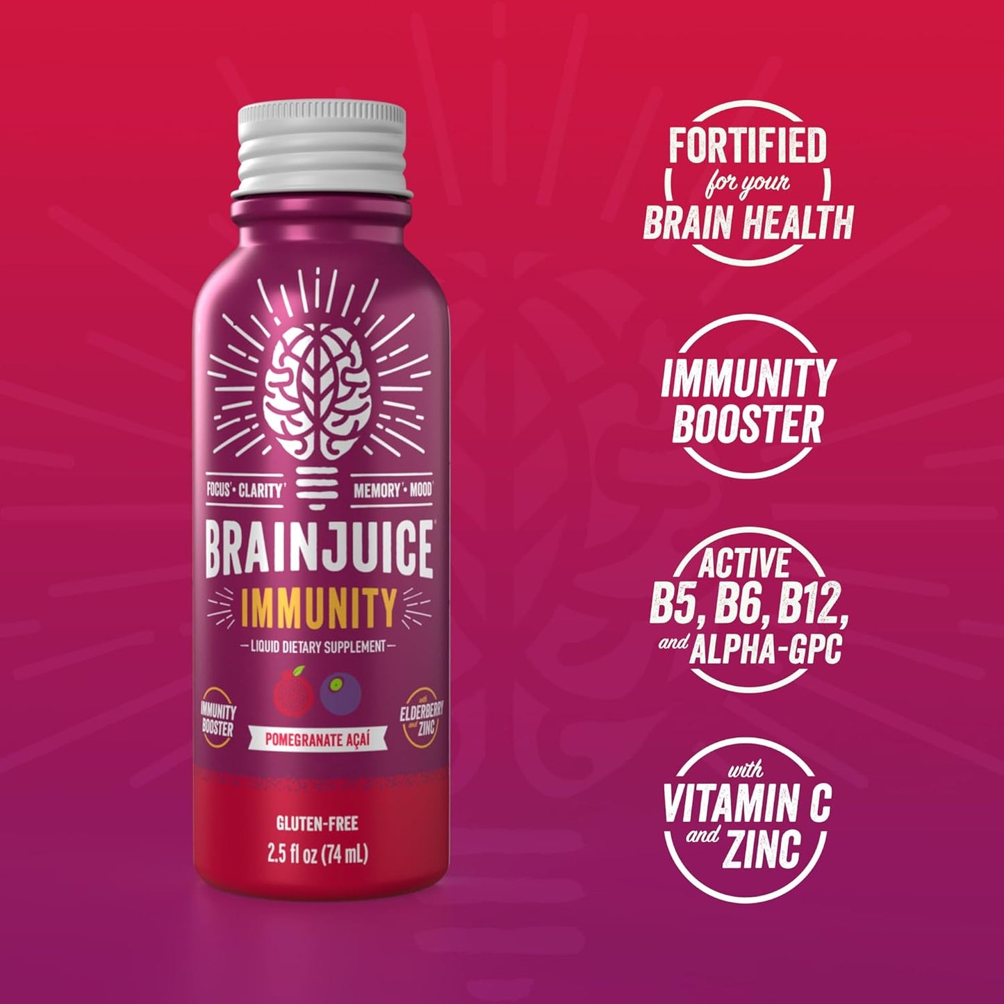 BrainJuice Brain and Immune Support Shot - Gluten-Free Energy and Focus Supplement with Vitamin D, C, Alpha GPC, Ginger Root, Pomegranate Acai - 12 Pack of 2.5 fl oz Shots