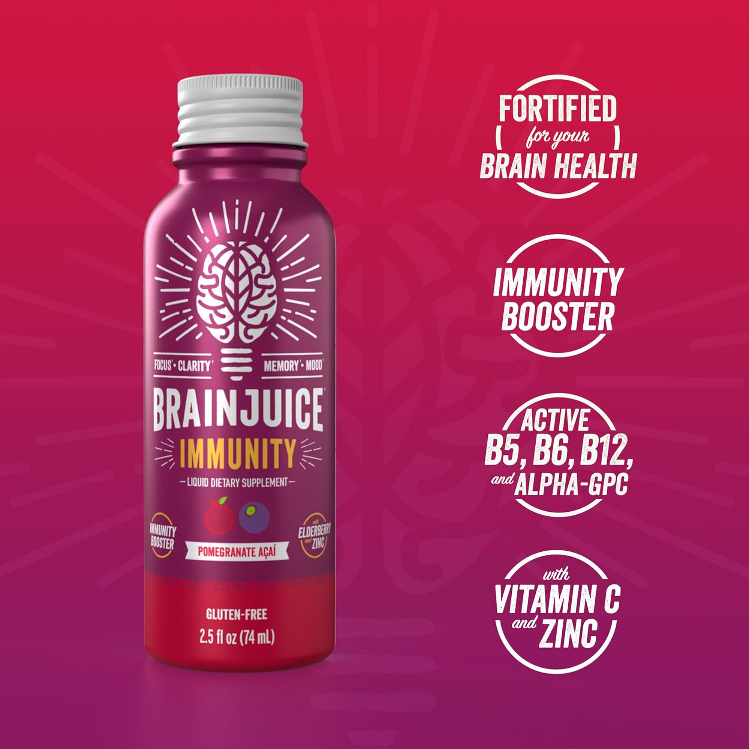 BrainJuice Brain and Immune Support Shot - Gluten-Free Energy and Focus Supplement with Vitamin D, C, Alpha GPC, Ginger Root, Pomegranate Acai - 12 Pack of 2.5 fl oz Shots