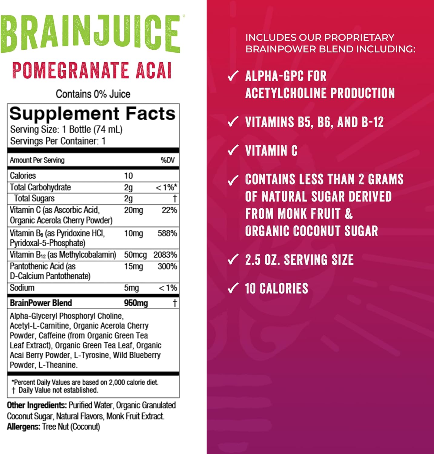 BrainJuice Brain and Immune Support Shot - Gluten-Free Energy and Focus Supplement with Vitamin D, C, Alpha GPC, Ginger Root, Pomegranate Acai - 12 Pack of 2.5 fl oz Shots