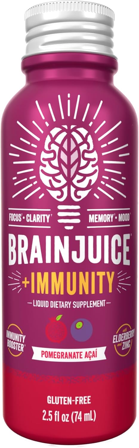 BrainJuice Brain and Immune Support Shot - Gluten-Free Energy and Focus Supplement with Vitamin D, C, Alpha GPC, Ginger Root, Pomegranate Acai - 12 Pack of 2.5 fl oz Shots