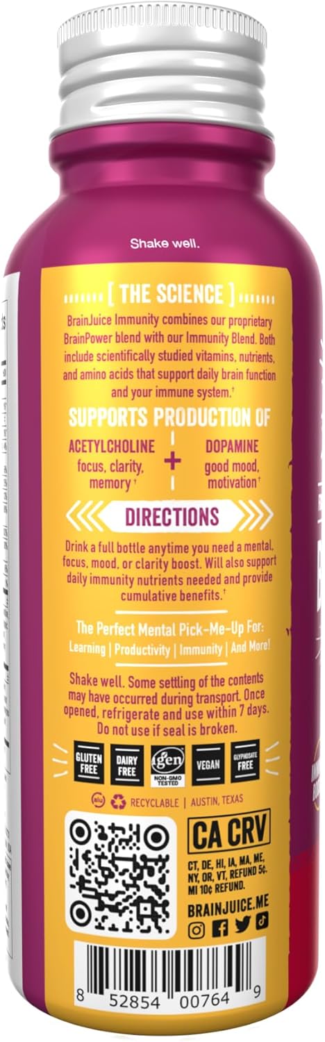 BrainJuice Brain and Immune Support Shot - Gluten-Free Energy and Focus Supplement with Vitamin D, C, Alpha GPC, Ginger Root, Pomegranate Acai - 12 Pack of 2.5 fl oz Shots
