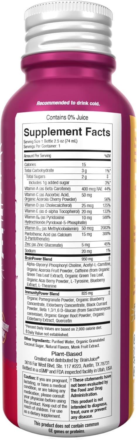 BrainJuice Brain and Immune Support Shot - Gluten-Free Energy and Focus Supplement with Vitamin D, C, Alpha GPC, Ginger Root, Pomegranate Acai - 12 Pack of 2.5 fl oz Shots