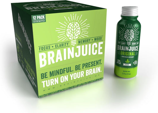BrainJuice Brain Support Shot, Gluten Free Energy & Focus Supplement with Alpha GPC, Vitamin B, and Green Tea Extract, 2.5 fl oz Shots - 12 Pack