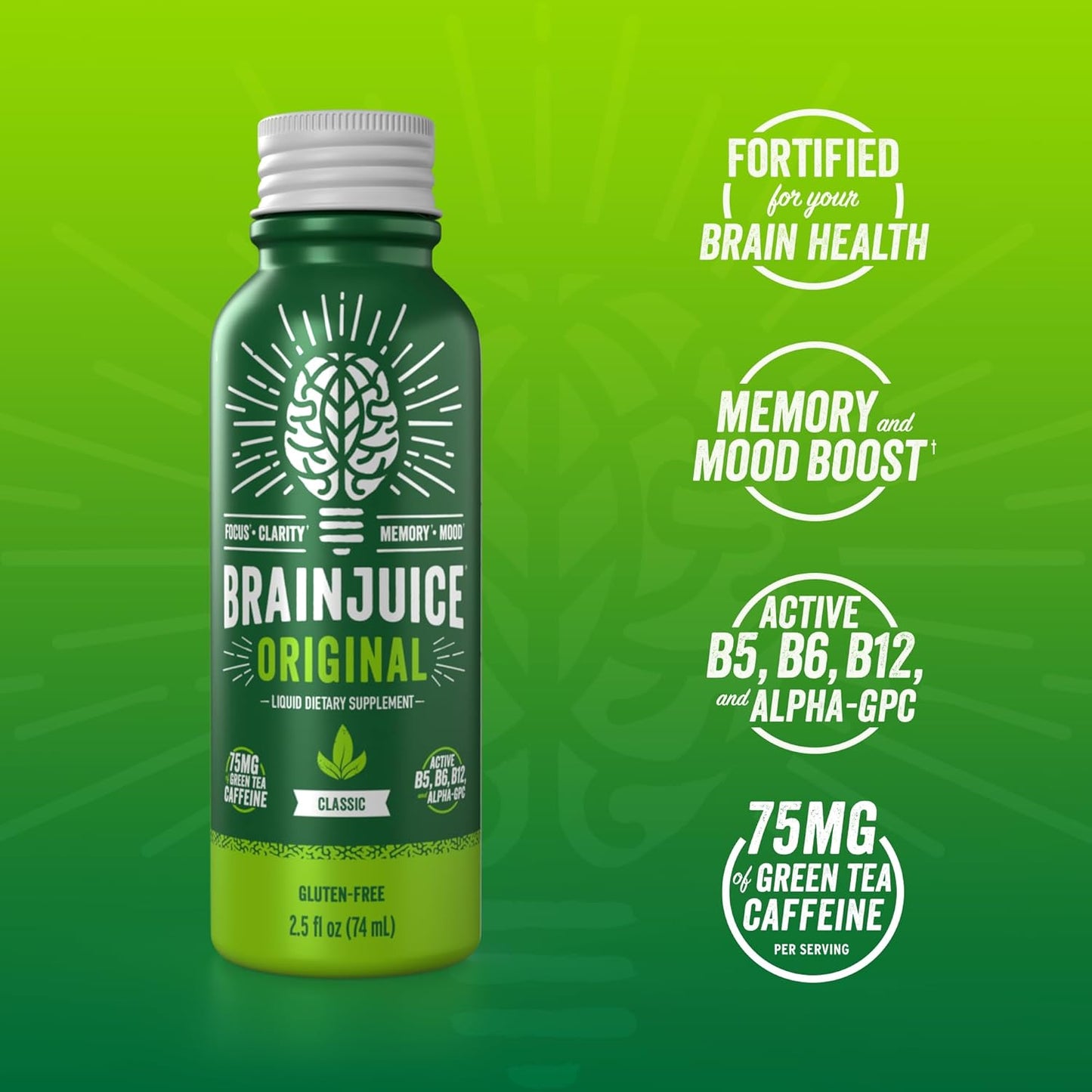 BrainJuice Brain Support Shot, Gluten Free Energy & Focus Supplement with Alpha GPC, Vitamin B, and Green Tea Extract, 2.5 fl oz Shots - 12 Pack