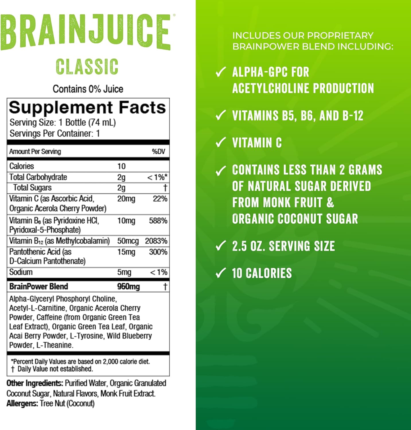 BrainJuice Brain Support Shot, Gluten Free Energy & Focus Supplement with Alpha GPC, Vitamin B, and Green Tea Extract, 2.5 fl oz Shots - 12 Pack