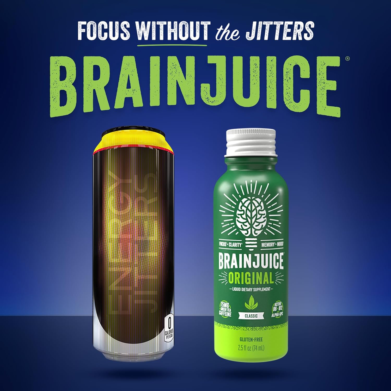 BrainJuice Brain Support Shot, Gluten Free Energy & Focus Supplement with Alpha GPC, Vitamin B, and Green Tea Extract, 2.5 fl oz Shots - 12 Pack