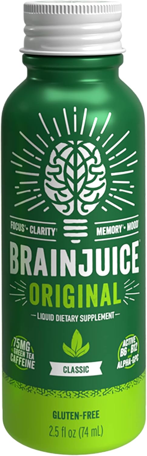 BrainJuice Brain Support Shot, Gluten Free Energy & Focus Supplement with Alpha GPC, Vitamin B, and Green Tea Extract, 2.5 fl oz Shots - 12 Pack