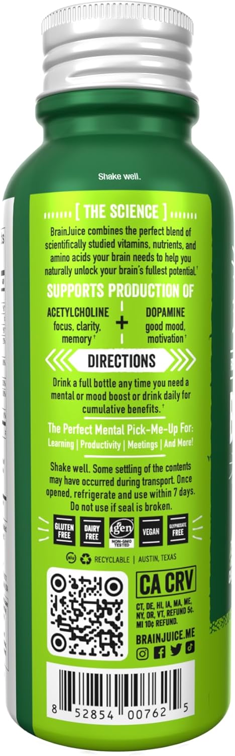 BrainJuice Brain Support Shot, Gluten Free Energy & Focus Supplement with Alpha GPC, Vitamin B, and Green Tea Extract, 2.5 fl oz Shots - 12 Pack