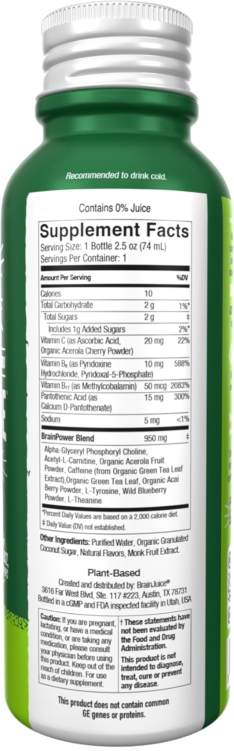 BrainJuice Brain Support Shot, Gluten Free Energy & Focus Supplement with Alpha GPC, Vitamin B, and Green Tea Extract, 2.5 fl oz Shots - 12 Pack