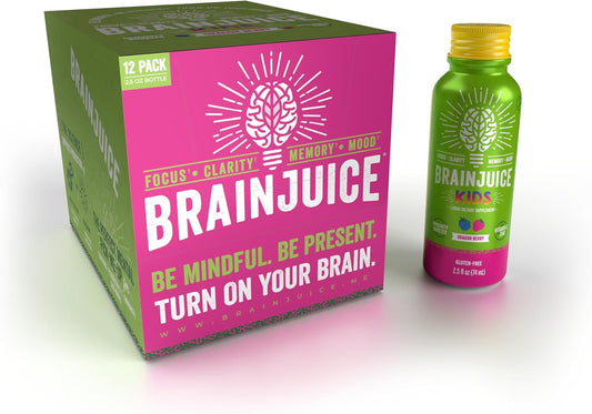 BrainJuice Kids Dragon Berry Immune Support Shot - Gluten-Free Energy & Focus Supplement with Vitamin D, C, B, Alpha GPC, Organic Ginger Root - Ages 5+ - 2.5 fl oz, 12 Pack