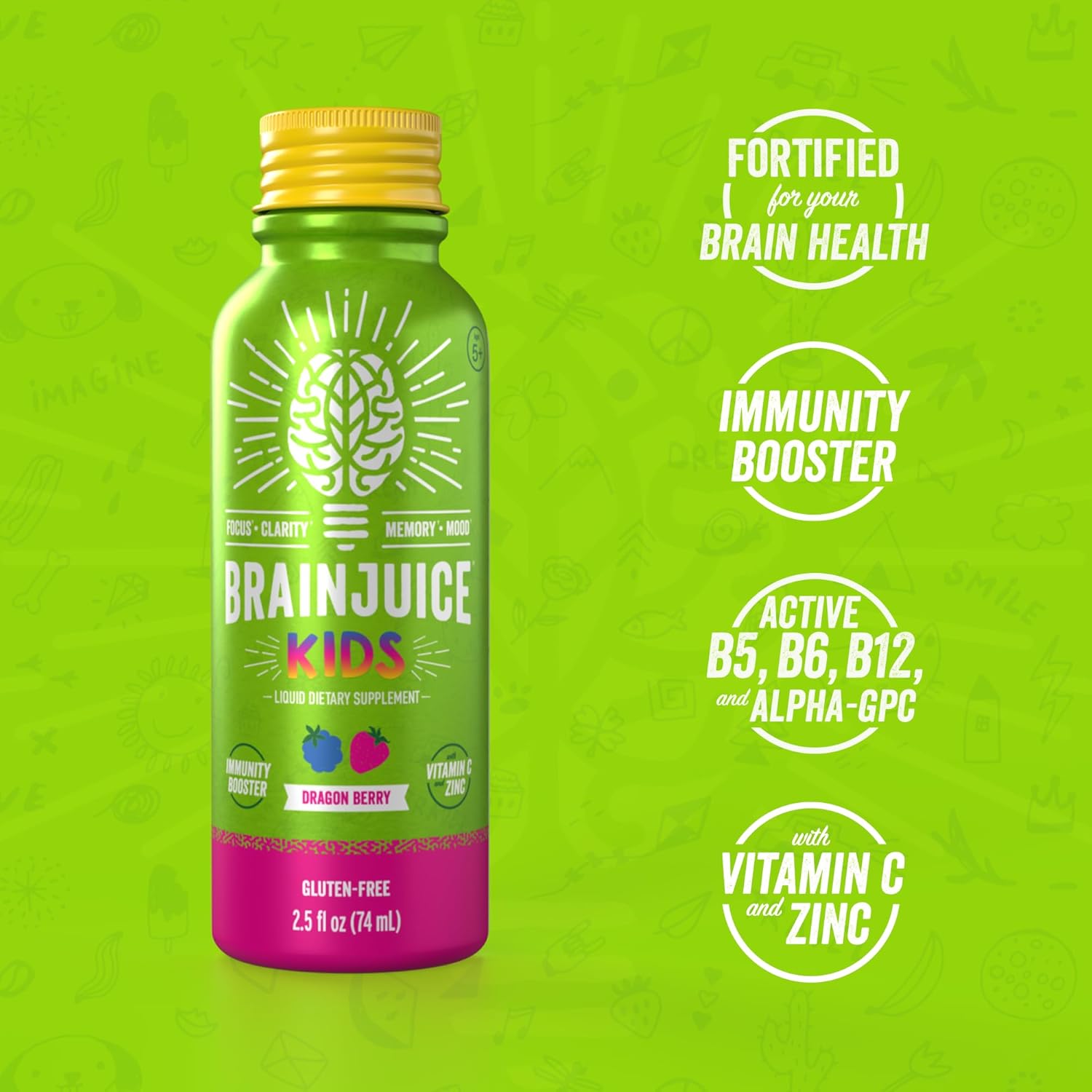 BrainJuice Kids Dragon Berry Immune Support Shot - Gluten-Free Energy & Focus Supplement with Vitamin D, C, B, Alpha GPC, Organic Ginger Root - Ages 5+ - 2.5 fl oz, 12 Pack