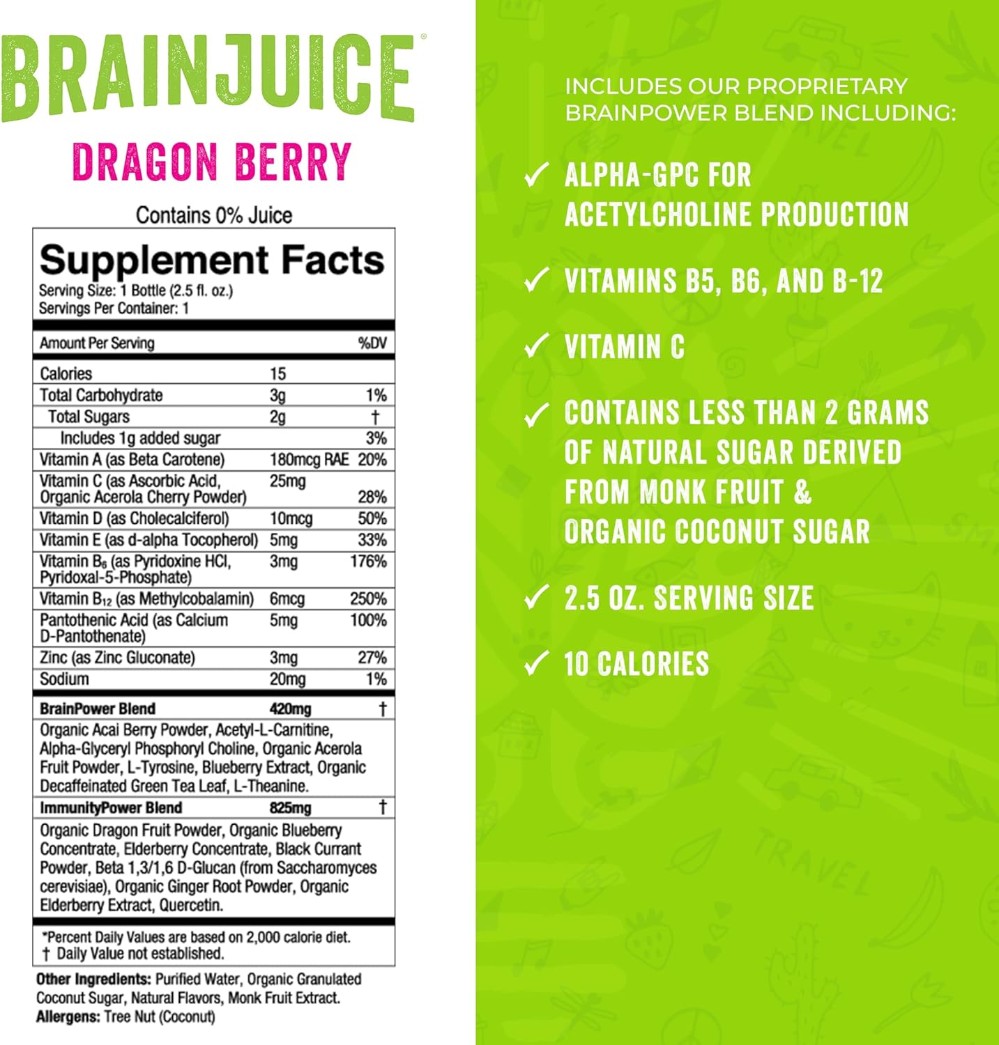 BrainJuice Kids Dragon Berry Immune Support Shot - Gluten-Free Energy & Focus Supplement with Vitamin D, C, B, Alpha GPC, Organic Ginger Root - Ages 5+ - 2.5 fl oz, 12 Pack