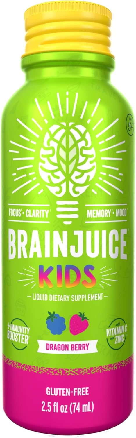 BrainJuice Kids Dragon Berry Immune Support Shot - Gluten-Free Energy & Focus Supplement with Vitamin D, C, B, Alpha GPC, Organic Ginger Root - Ages 5+ - 2.5 fl oz, 12 Pack