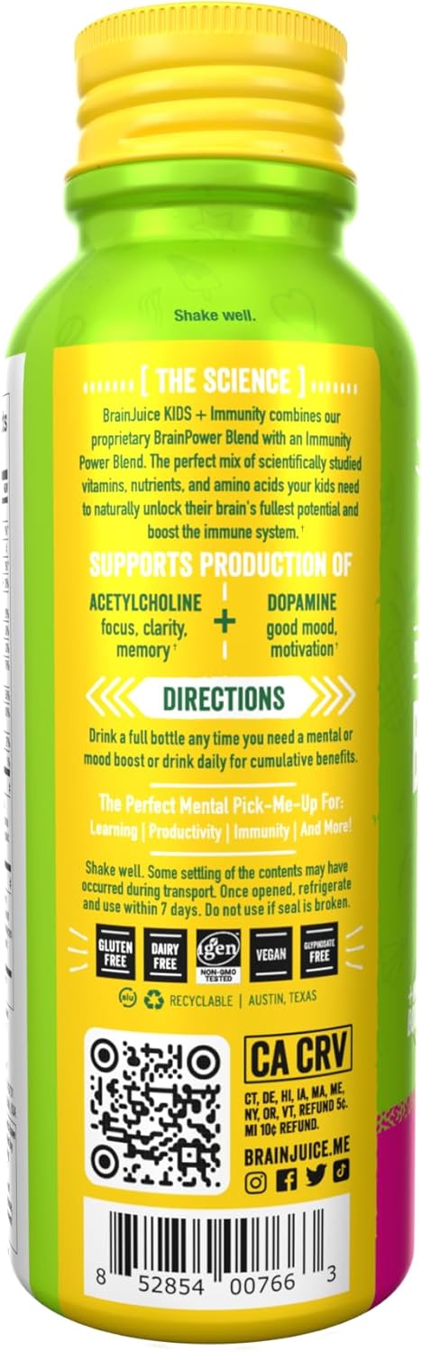 BrainJuice Kids Dragon Berry Immune Support Shot - Gluten-Free Energy & Focus Supplement with Vitamin D, C, B, Alpha GPC, Organic Ginger Root - Ages 5+ - 2.5 fl oz, 12 Pack