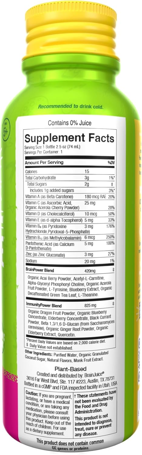 BrainJuice Kids Dragon Berry Immune Support Shot - Gluten-Free Energy & Focus Supplement with Vitamin D, C, B, Alpha GPC, Organic Ginger Root - Ages 5+ - 2.5 fl oz, 12 Pack