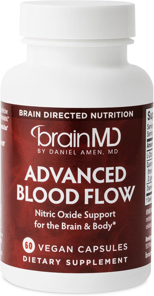 BRAINMD Advanced Blood Flow Capsules - Vegan Nitric Oxide Support for Brain & Body - Gluten-Free - 30 Servings