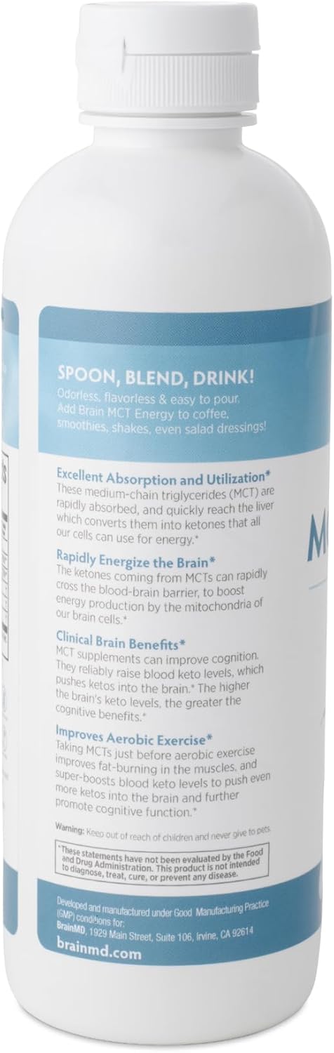 BrainMD Brain MCT Energy Drink - 16 fl oz - Supports Brain & Body Energy - Enhances Focus & Satiety - Gluten Free - 31 Servings