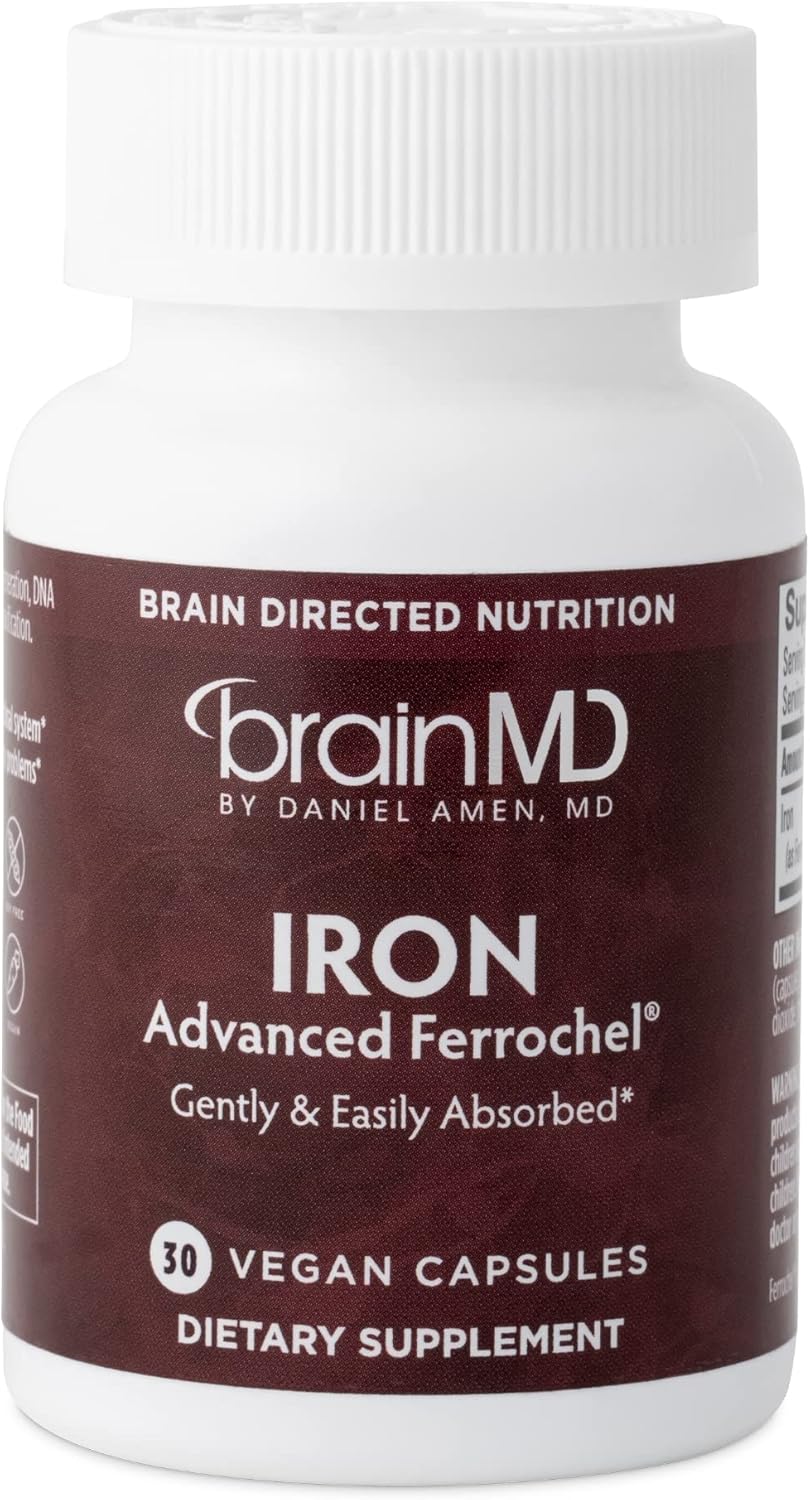 BRAINMD Dr Amen Iron Capsules - Supports Energy, Cognition, & Gene Regulation - Gentle & Gluten Free - 30 Servings