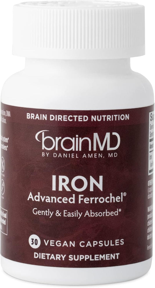 BRAINMD Dr Amen Iron Capsules - Supports Energy, Cognition, & Gene Regulation - Gentle & Gluten Free - 30 Servings