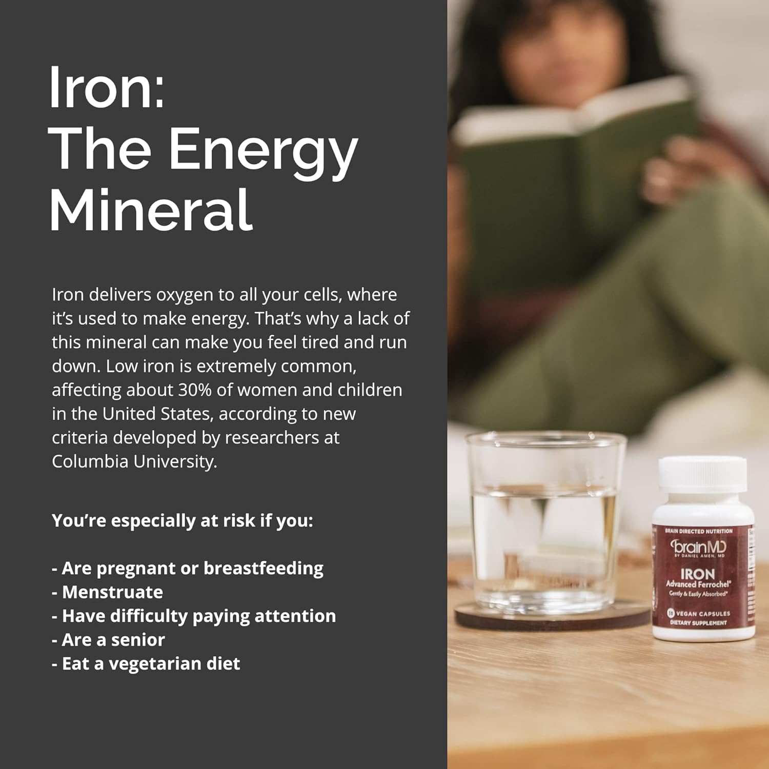 BRAINMD Dr Amen Iron Capsules - Supports Energy, Cognition, & Gene Regulation - Gentle & Gluten Free - 30 Servings